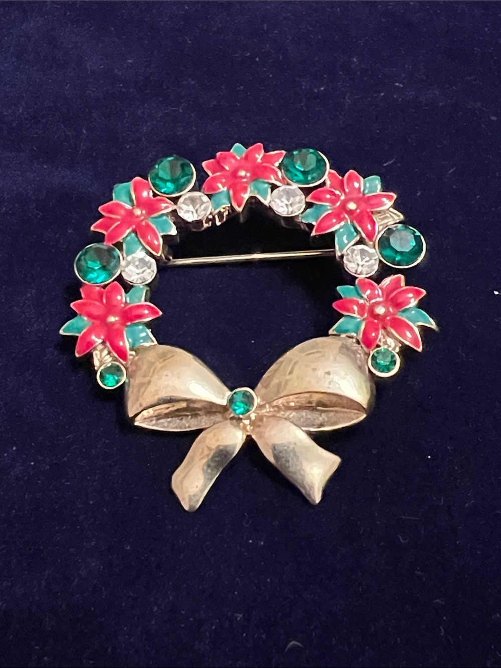 Christmas Poinsettia Wreath Brooch - Green & Red Rhinestones are Green & Clear